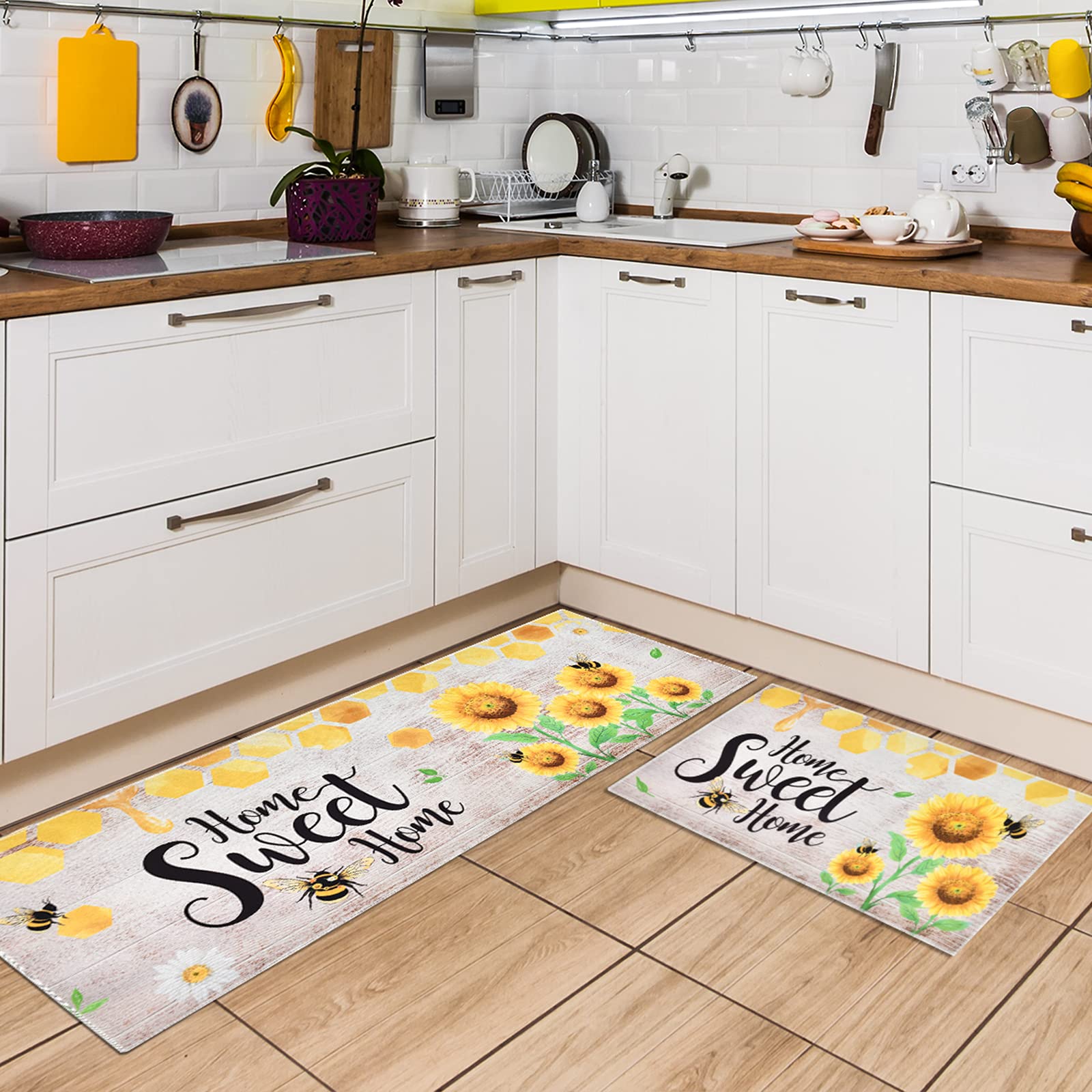 WERNNSAI Kitchen Rugs - 2 Piece Sunflower Kitchen Mats Set Non-Slip Kitchen Backing Area Rugs（44 x 120 cm + 44 x 75 cm） Sweet Home Doormat Washable Waterproof Mat for Indoor Outdoor Entry Floor