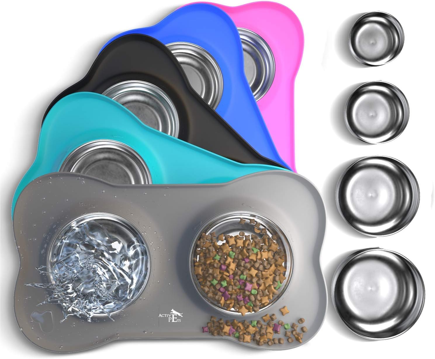 Active Pets Dog Bowl Set, Stainless Steel No Spill Mess-Proof Food & Water Dog Food Bowls with Skid Resistant Silicone Mat, Dog Bowls Small Size Dog, Medium, & Large, Pet Puppy Bowls & Dog Dishes