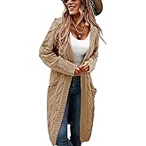 XINWEIZZ Women's Hooded Open Front Long Cardigan Cable Knit Sweaters Side Pocket Oversized Chunky Cardigan Outwear Coat