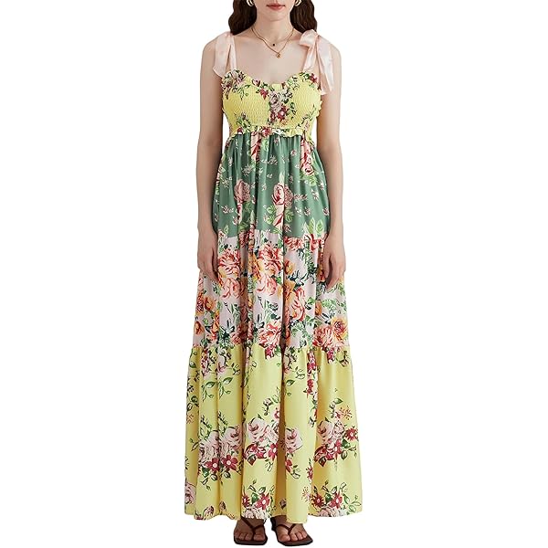 韓国商品/FRECKLE silk strap tiered maxi dress Women Summer Y2k Floral Maxi Dress Tie Shoulder Smocked Long