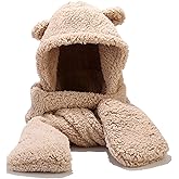 Umeepar Winter Bear Ear Sherpa Hood Hat Scarf Gloves 3 in 1 Hooded Scarf for Women Men