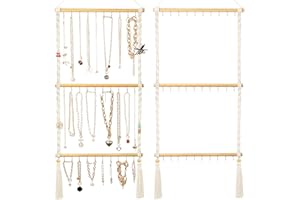 UREYMX Hanging Jewelry Organizer Macrame Necklace Holder, with 30 Hooks, Over Door Necklace Rack, Wall Mounted Jewelry Hanger with Tassel Boho for Necklace Headband Bow Earring Bracelet