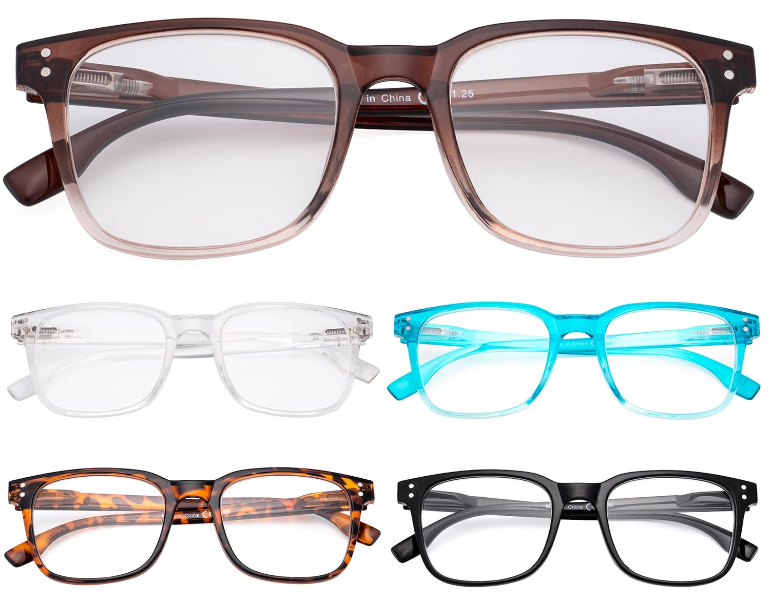 Eyekepper 5 Pack Large Reading Glasses - Square Readers for Men Women Reading +1.75