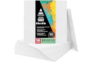 ARTEZA Canvas Boards for Painting, 8 x 8 Inches, Pack of 14, Blank White Canvas Panels for Acrylic, Oil and Gouache Painting