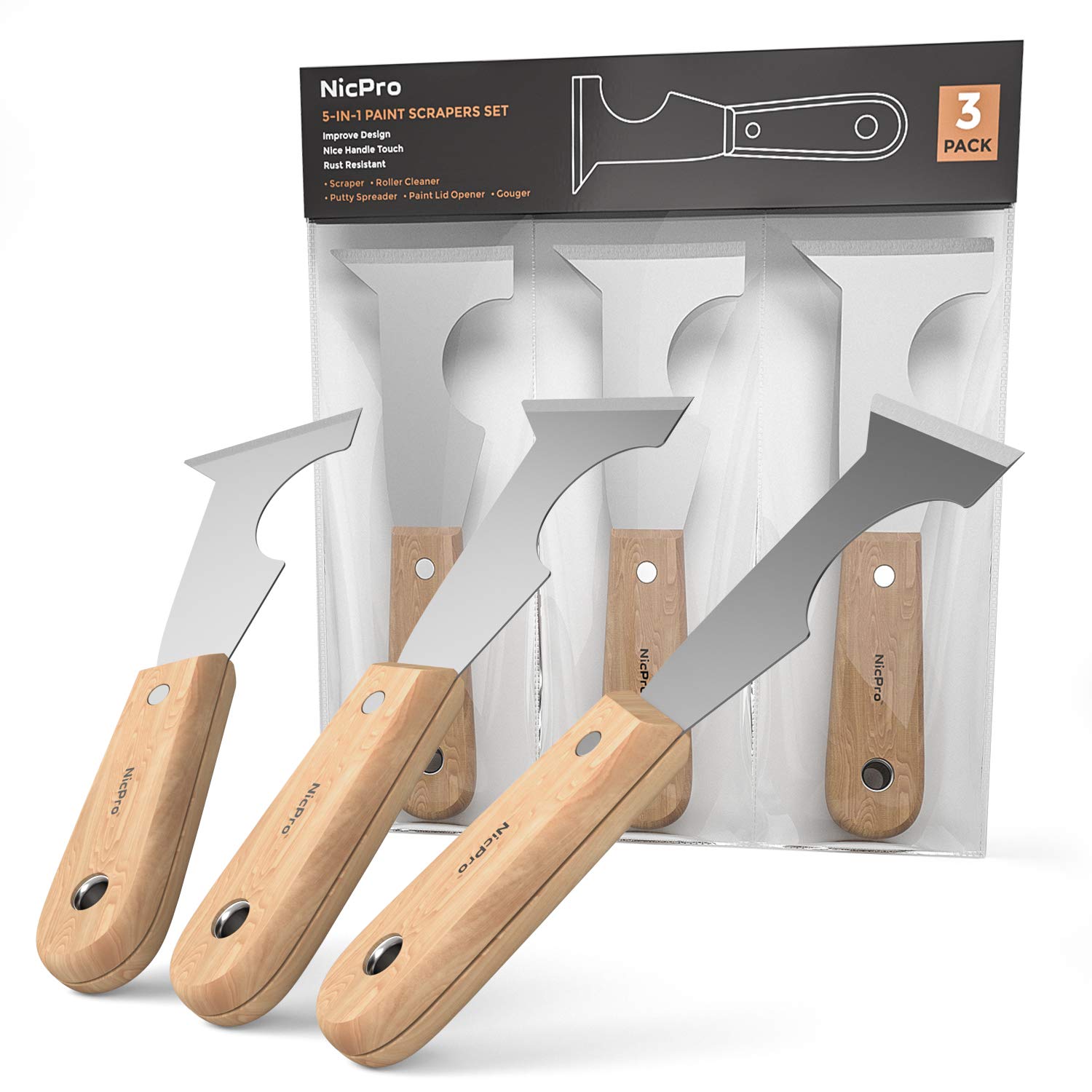 Nicpro 3 Pack 5 in 1 Painters Tool，Putty Knife Scraper Stainless Steel