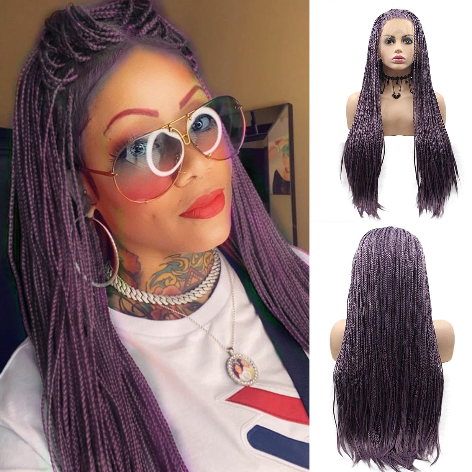 Micro Braided Box Braids Wig with Baby Hair Purple Long Braiding Hair Realistic Hand Braid Lace Front Wigs for Black Women Pre Plucked Braids Synthetic Gkuekess Real Lace Wig 26Inch
