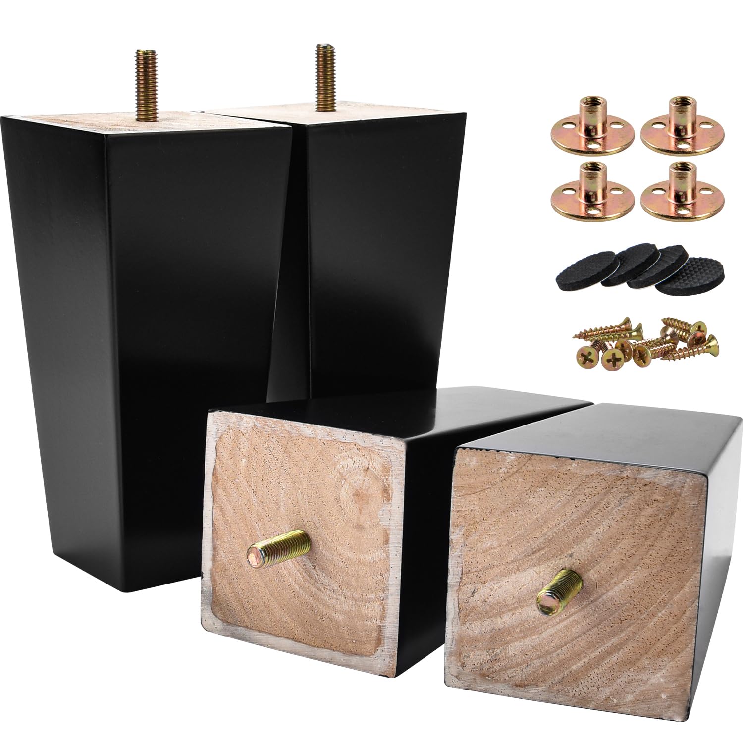 Btowin 6 inch /15cm Solid Wood Furniture Legs, 4Pcs Mid-Century Modern Wooden Pyramid Replacement Feet with Threaded M8 Hanger Bolts & Mounting Plate & Screws for Sofa Couch Chair