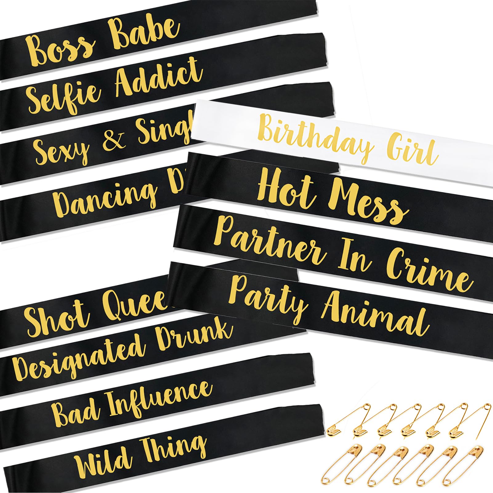 STAY GENT 12Pcs Birthday Sashes for Women and Girls, 1Pcs White Birthday Girl Sash & 11Pcs Black Party Sashes for Birthday Gifts Party Favors Accessories