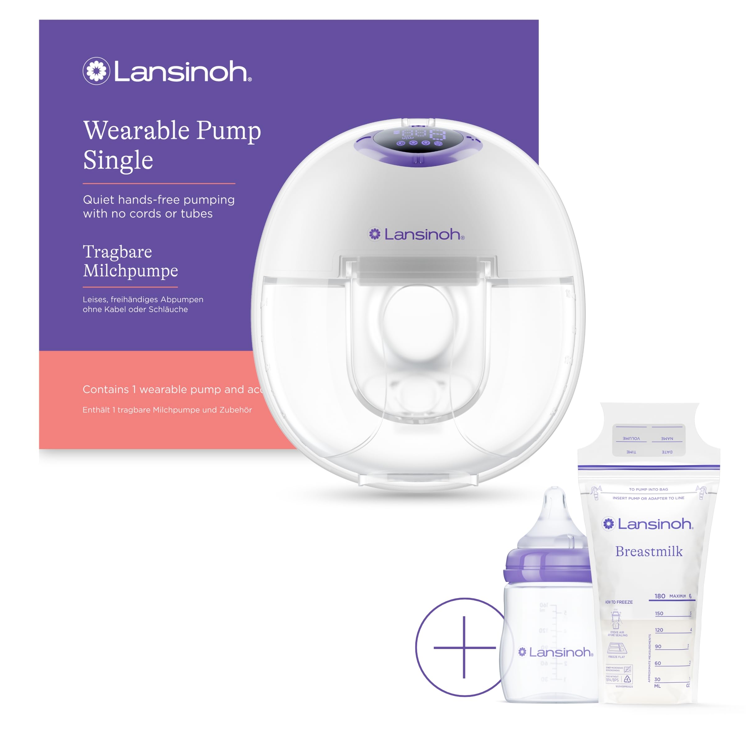 Lansinoh Wearable Electric Breast Pump Bundle - 4 Pumping Modes, 9 Suction Levels - Hands Free Portable & Quiet Pumping- LED Display - Includes 25 Breast Milk Storage Bags + Feeding Bottle (1 Pumps)