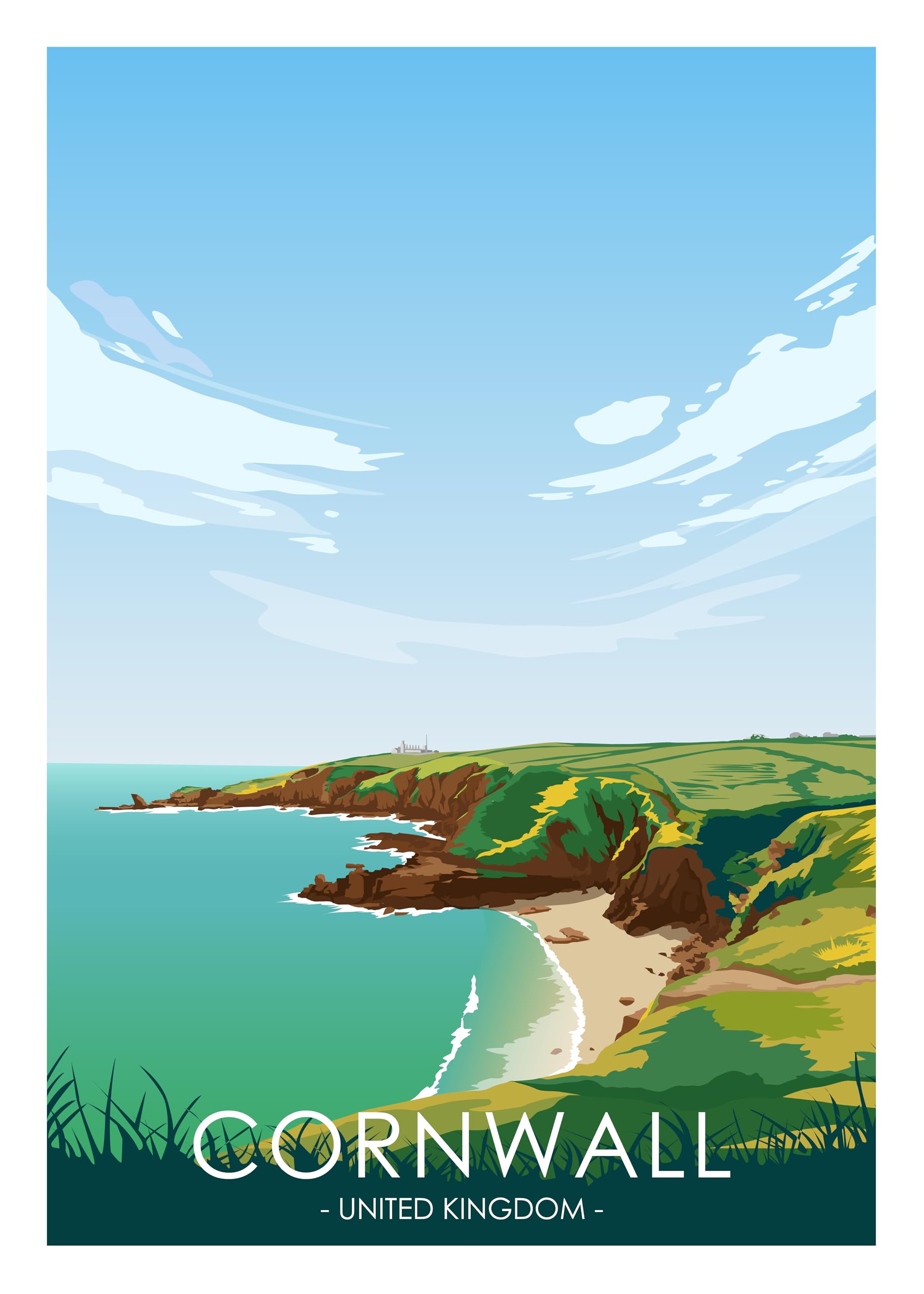 Hewson's Gifts UK Travel Print UK Cities and Shires, Handmade Print Of The Beautiful Places of United Kingdom, UK Artwork Wall Art Poster For New Home Kitchen Print (Cornwall, A4 Unframed Print)