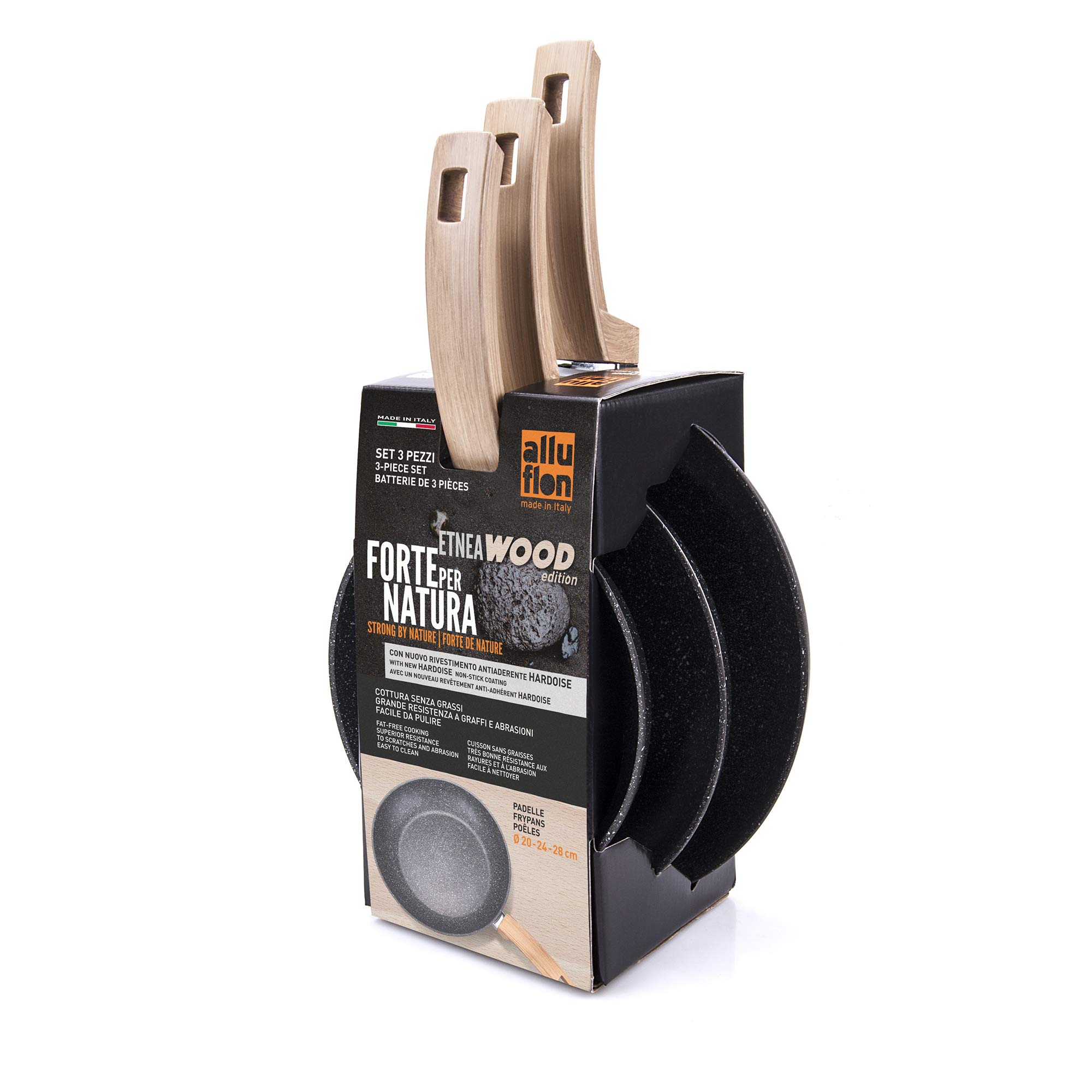 Alluflon Etnea Wood Edition Set Of 3 Frying Pans, Aluminium, Black, 20 cm, 24 cm, 28 cm.