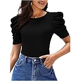 WDIRARA Women's Crew Neck Short Puff Sleeve T Shirts Solid Rib Knit Tee Fitted Top