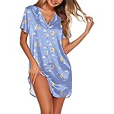 Ekouaer Women's Sleepshirts Satin Silk Nightgown Short Sleeve Sleepwear Casual Print Sleepdress Boyfriend Pajamas Nightshirt