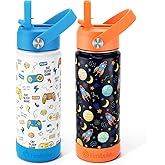 Fimibuke Kids Insulated Water Bottle, 18oz BPA FREE Kids Cups with Straw Double Wall Vacuum Tumbler 18/8 Stainless Steel Leak Proof Toddler Water Bottle for School Boys Girls (2 Pack, Game+Space)