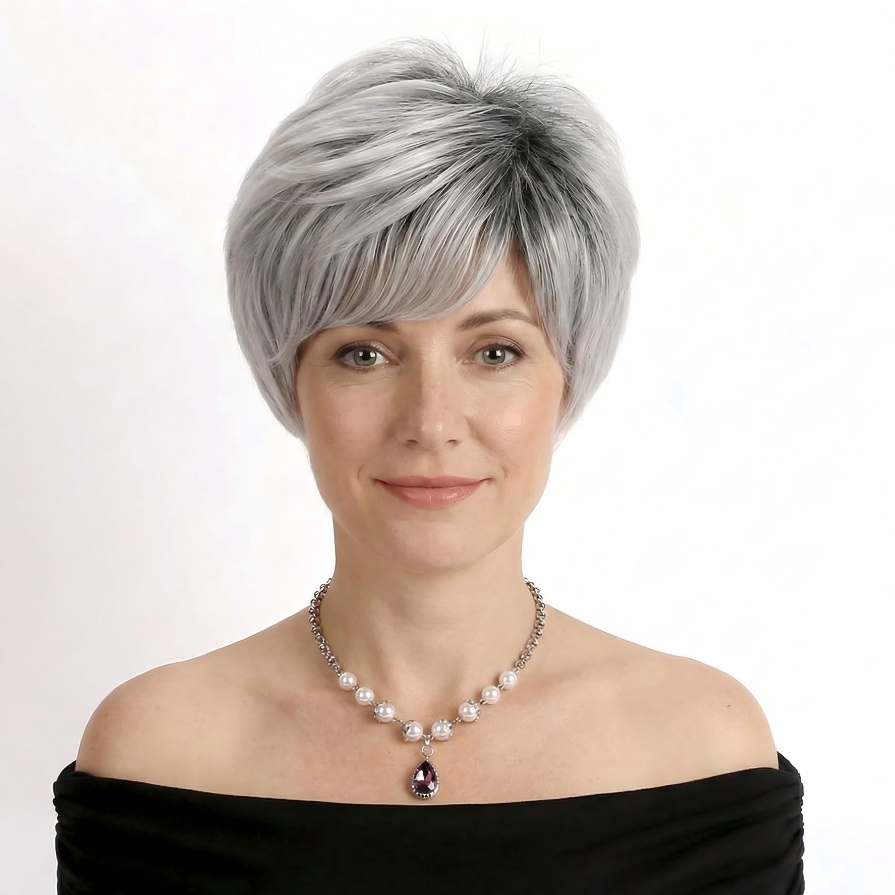 AIYLMZ Short Grey Pixie Cut Wigs with Bangs for Women Grey Stylish Fluffy Layered Wigs Natural Fluffy Heat Resistant Synthetic Wigs (Grey)