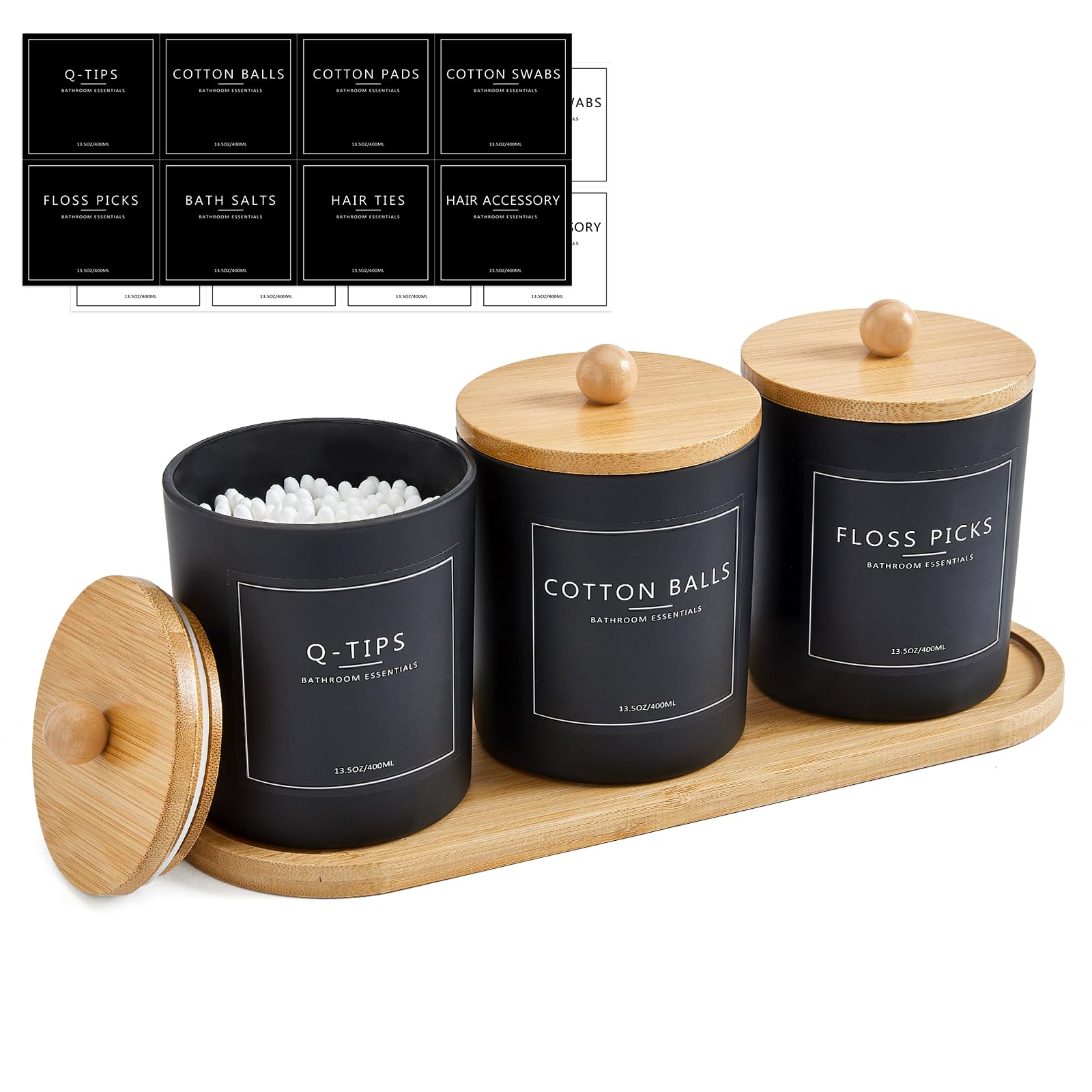 Photo 1 of 3 Pack Qtip Holder Bathroom Set with Tray,13.5oz Cotton Round Ball Pad Holder Cotton Swab Floss Pick Dispenser,Bathroom Organizers and Storage Container,Glass Apothecary Jars Canisters with Lids-Black