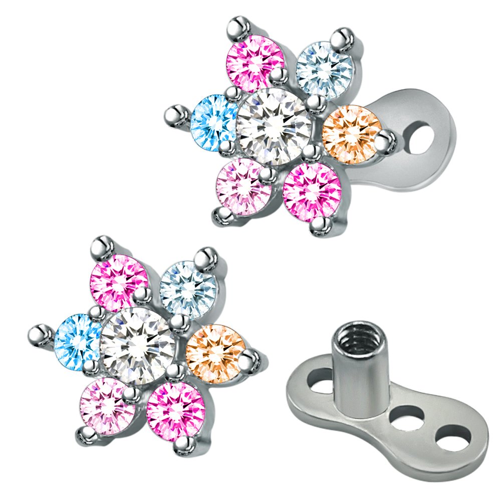 14g Flower Cubic Zirconia Dermal Anchor Tops and base Surgical Steel Microdermals Body Piercings (Colorful)