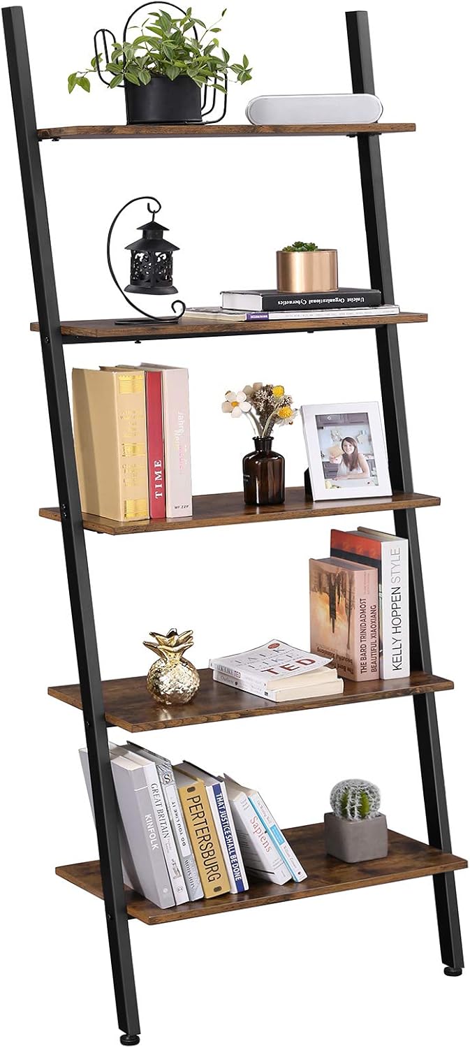 VASAGLE Alinru Ladder Shelf Leaning Shelf, 5-Tier Bookshelf Rack, for Living Room Kitchen Office, Stable Steel, Industrial Furniture , Rustic Brown ULLS46BX: Kitchen & Dining
