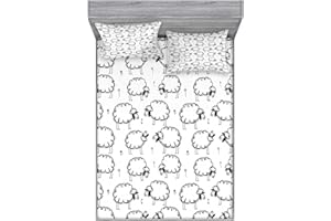Ambesonne Funny Fitted Sheet & Pillow Sham Set, Humorous Sheep Patterns on Meadow Flower Comic Doodle Playroom Kids Art Print, Decorative Printed 3 Piece Bedding Decor Set, Full, Dark Grey White
