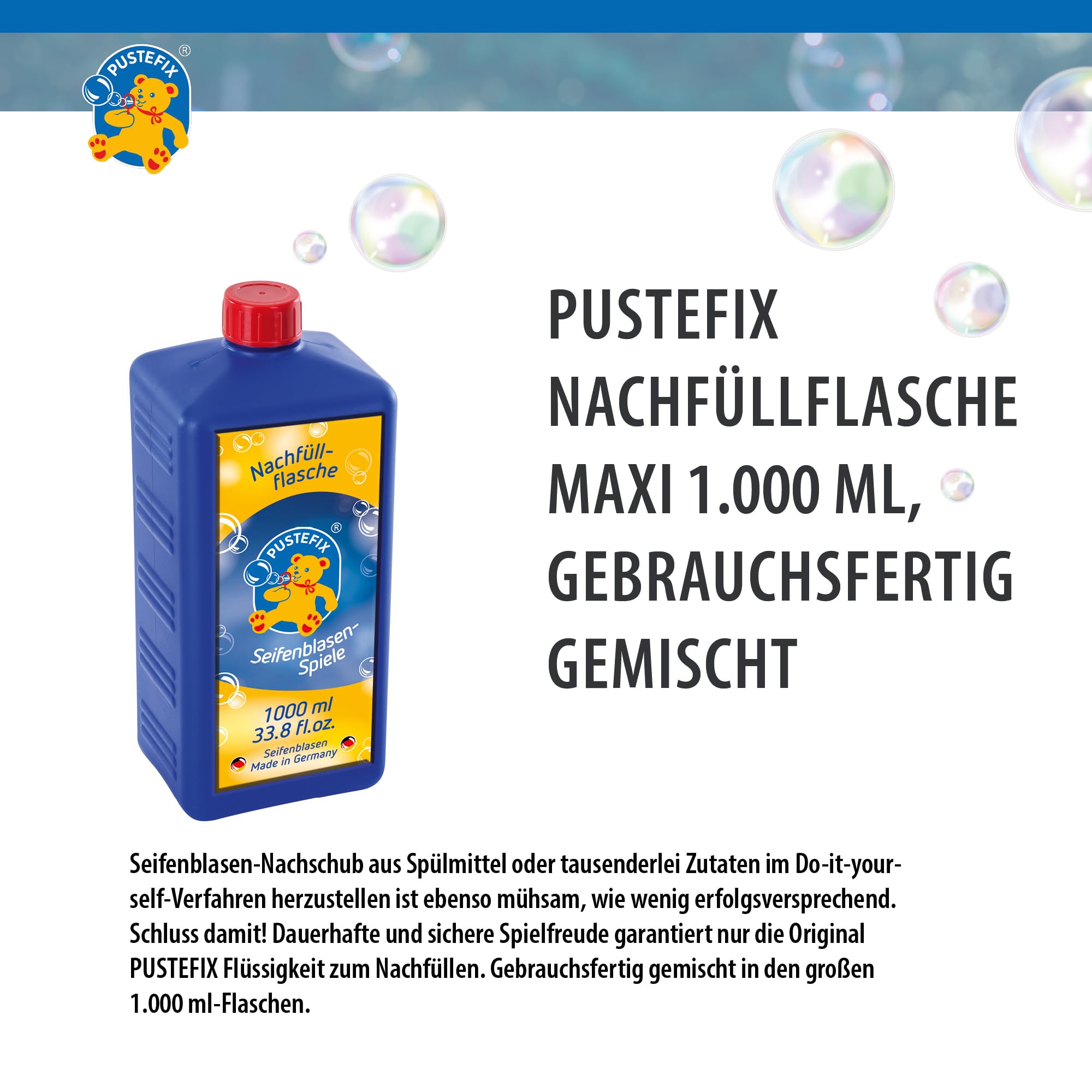 PUSTEFIX - 420869725 Seifenblasen Nachfüllflasche Maxi 1L I Seifenblasenflüssigkeit für bunte Blasen I I extra Flüssigkeit für mehr Bubble Spaß I für Kinder & Erwachsene auf Geburtstag, Hochzeit 4