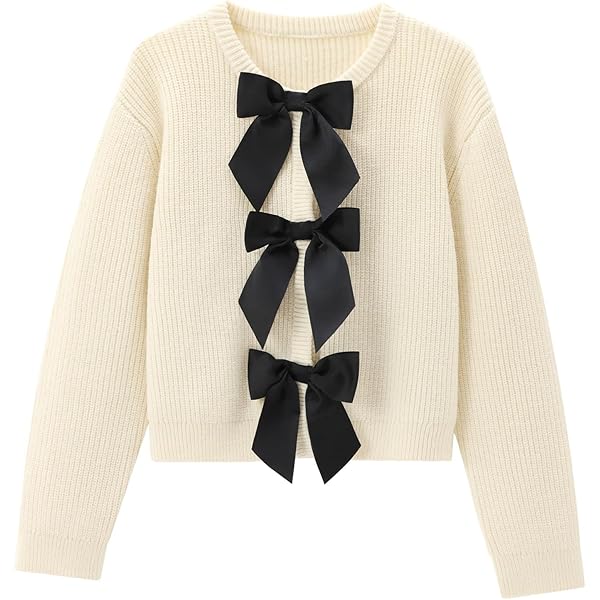Chevara Women's Bow Tie Knitted Cardigan Y2K Long Sleeve