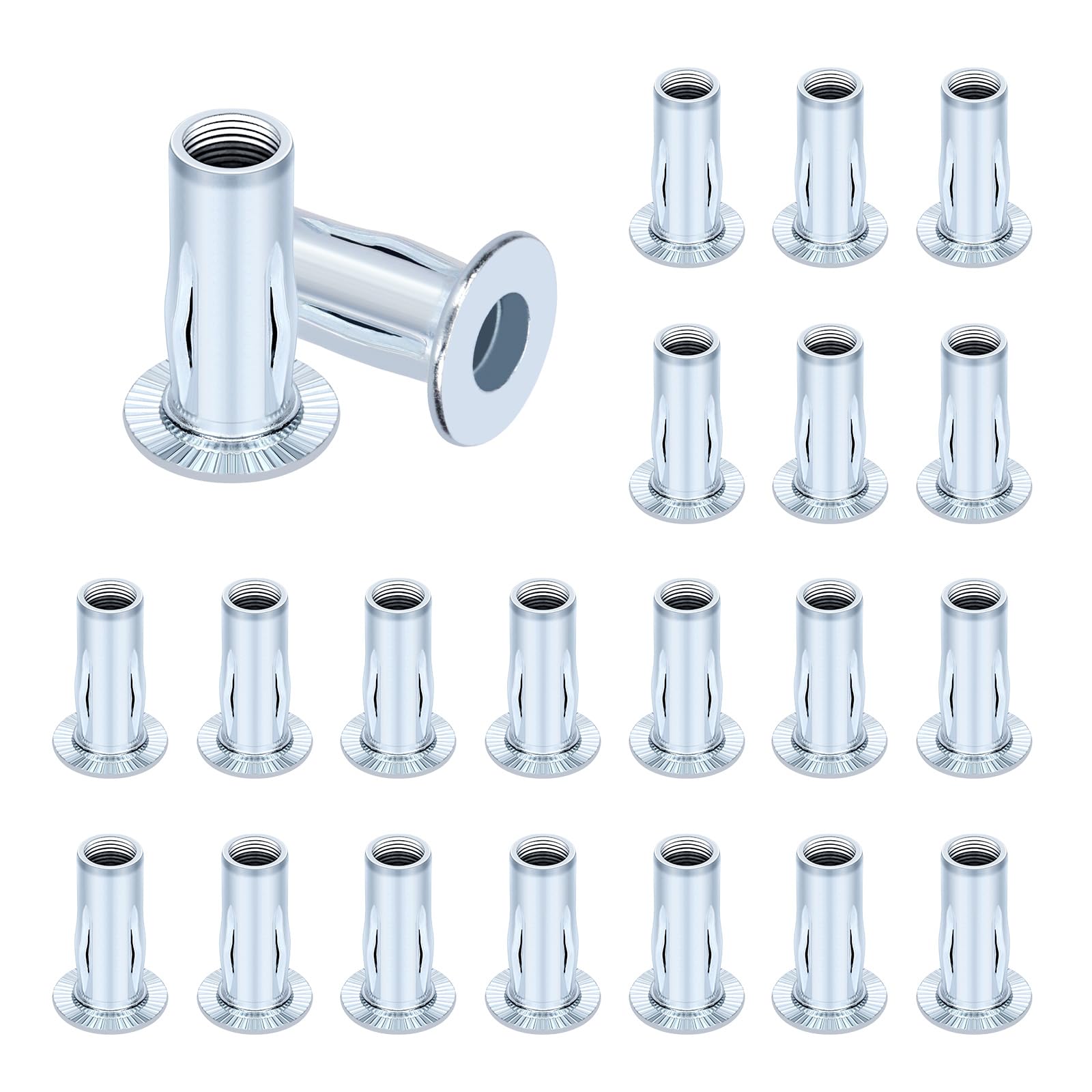 Glarks 20pcs M5 Multi-Grip Rivet Nuts Set White Zinc Plated Carbon Steel Flat Head Rivnut Pre Bulbed Shank Threaded Insert Rivet Nuts for Construction Industrial