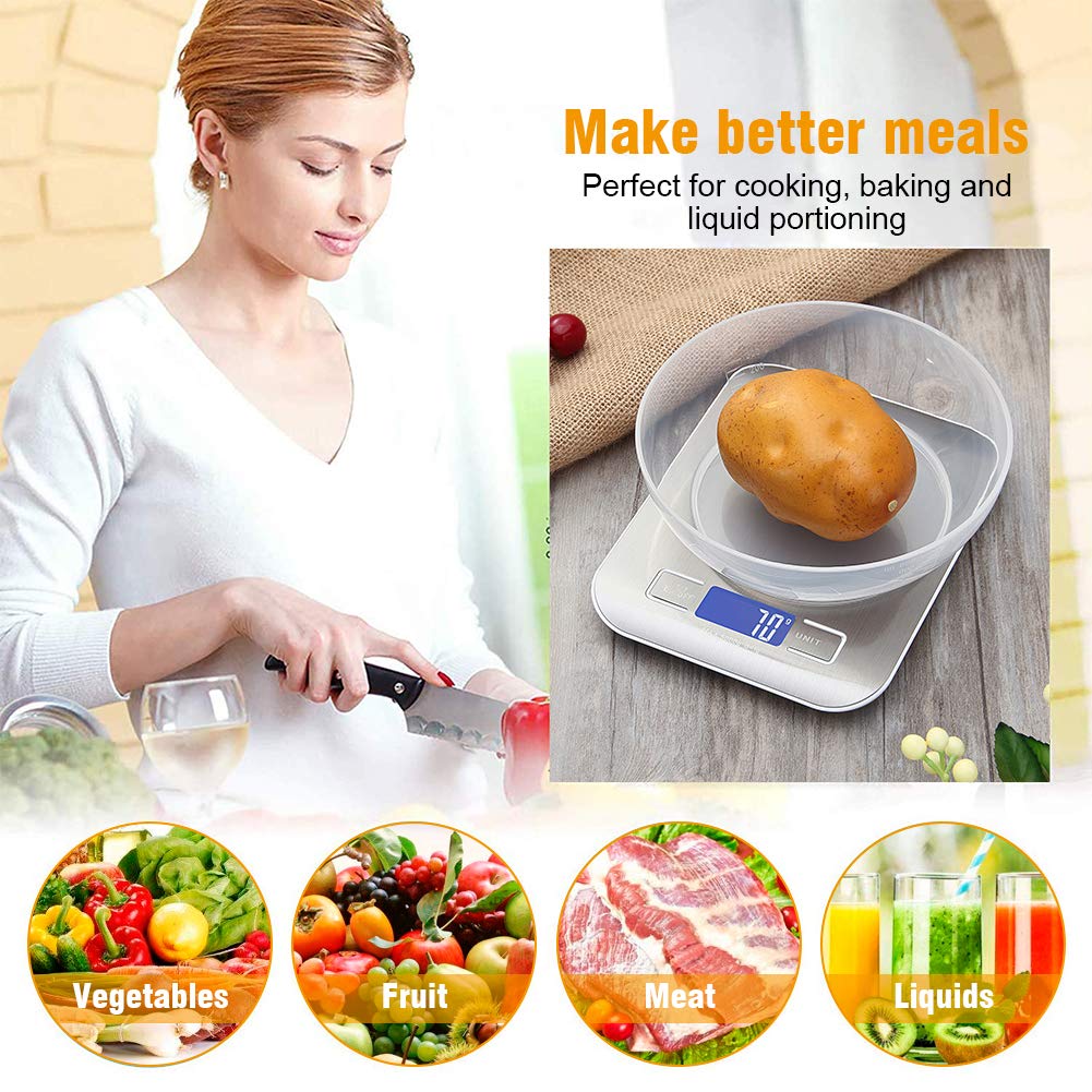 GRIFEMA Digital Kitchen Scales (High Precision 1 g - 5000 g), Precision Scales with LCD Display and 2 Batteries, Automatic Storage and Tare Digital Scales with 6 Units, Letter Scales Stainless Steel