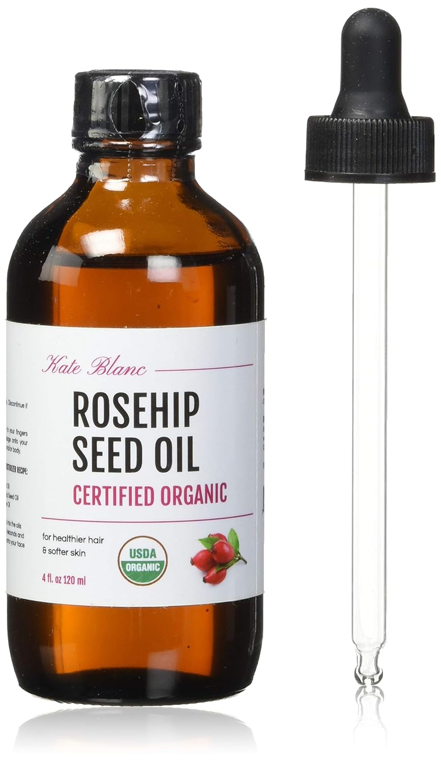 Organic Rosehip Seed Oil (4oz) for Face and Skin by Kate Blanc. USDA Certified, 100% Pure, Cold Pressed. Natural Moisturizer for Acne Scars, Nails, Hair, Skin. Therapeutic AAA+ Grade.: Beauty