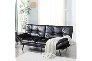 Hcore Convertible Futon Sofa Bed,Sleeper Futon Couch,Memory Foam Futon Sofa,Loveseat Sofa Bed,Small Splitback Faux Leather Modern Sofa for Living Room,Office,Apartment,Dark Black