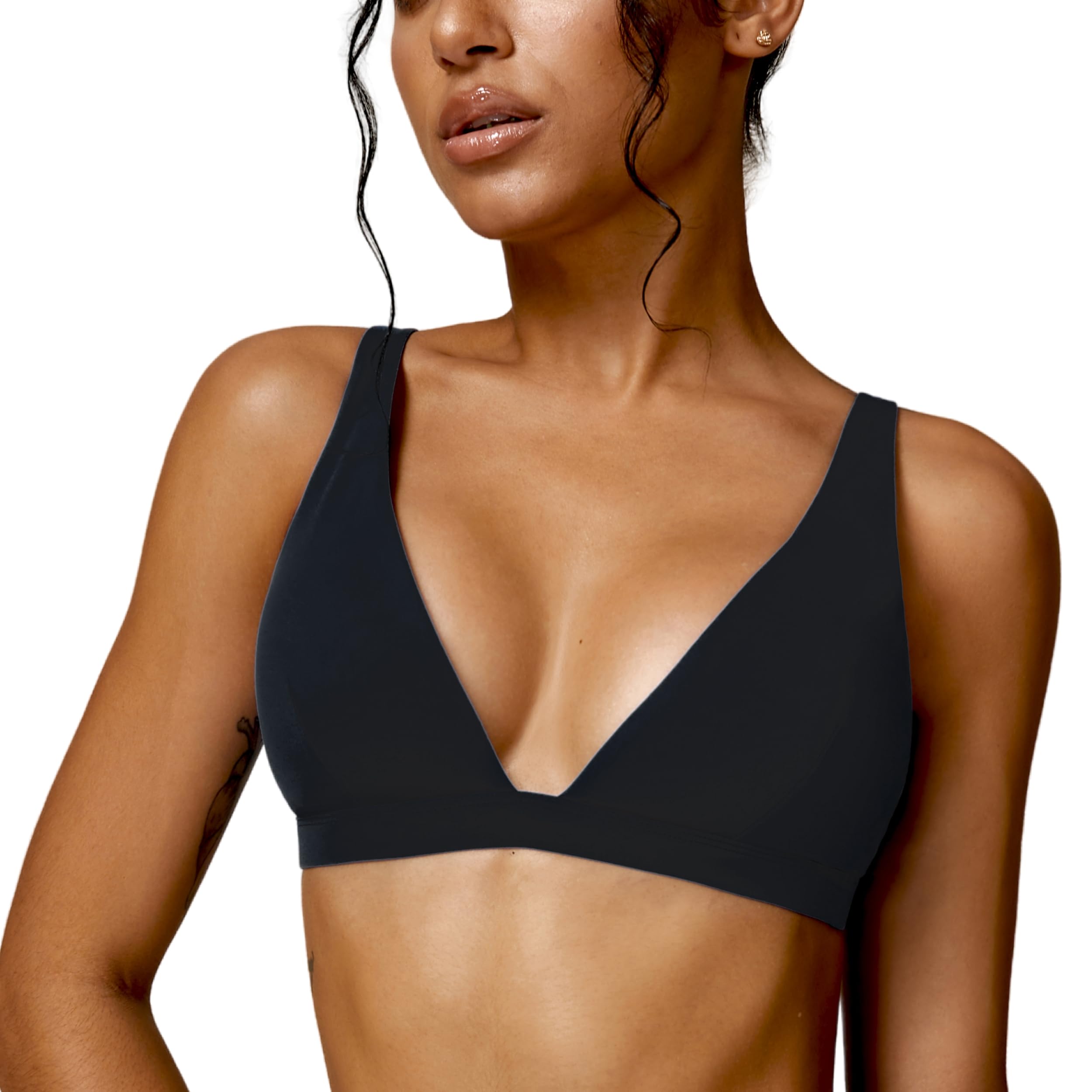 Photo 1 of ABOCIW Deep V Neck Sports Bras for Women Padded Low Impact Fitness Yoga Bra U Back Wireless Gym Workout Bra Crop Top Black Small