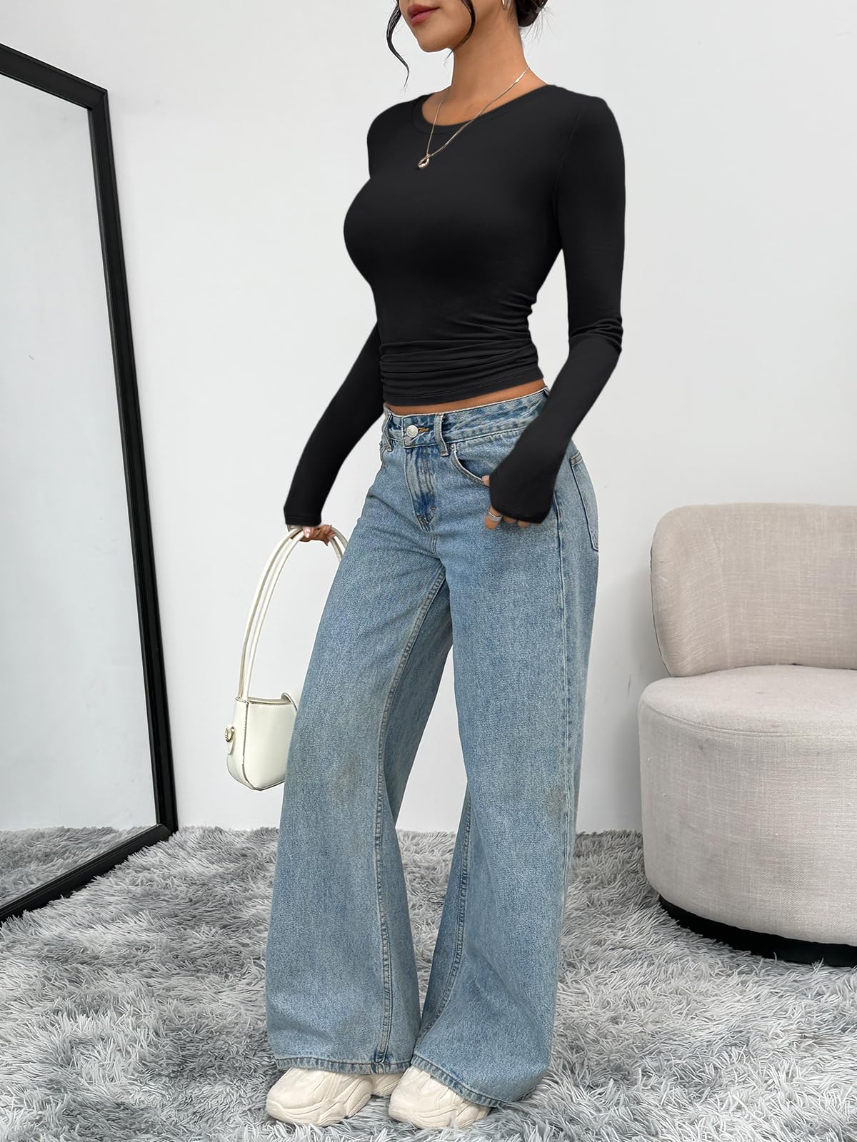 Trendy Queen Womens Long Sleeve T-Shirts Basic Crop Tops 2025 Fall Fashion Outfits Going Out Winter Clothes