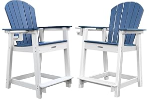 YUSSJI Tall Adirondack Chairs Set of 2, Adirondack Barstools, Weather Patio Garden Pool Fire Pit Balcony Outdoor Bar Stools HDPE Plastic Barstools with Backs for Garden, Backyard, Yard (Blue)