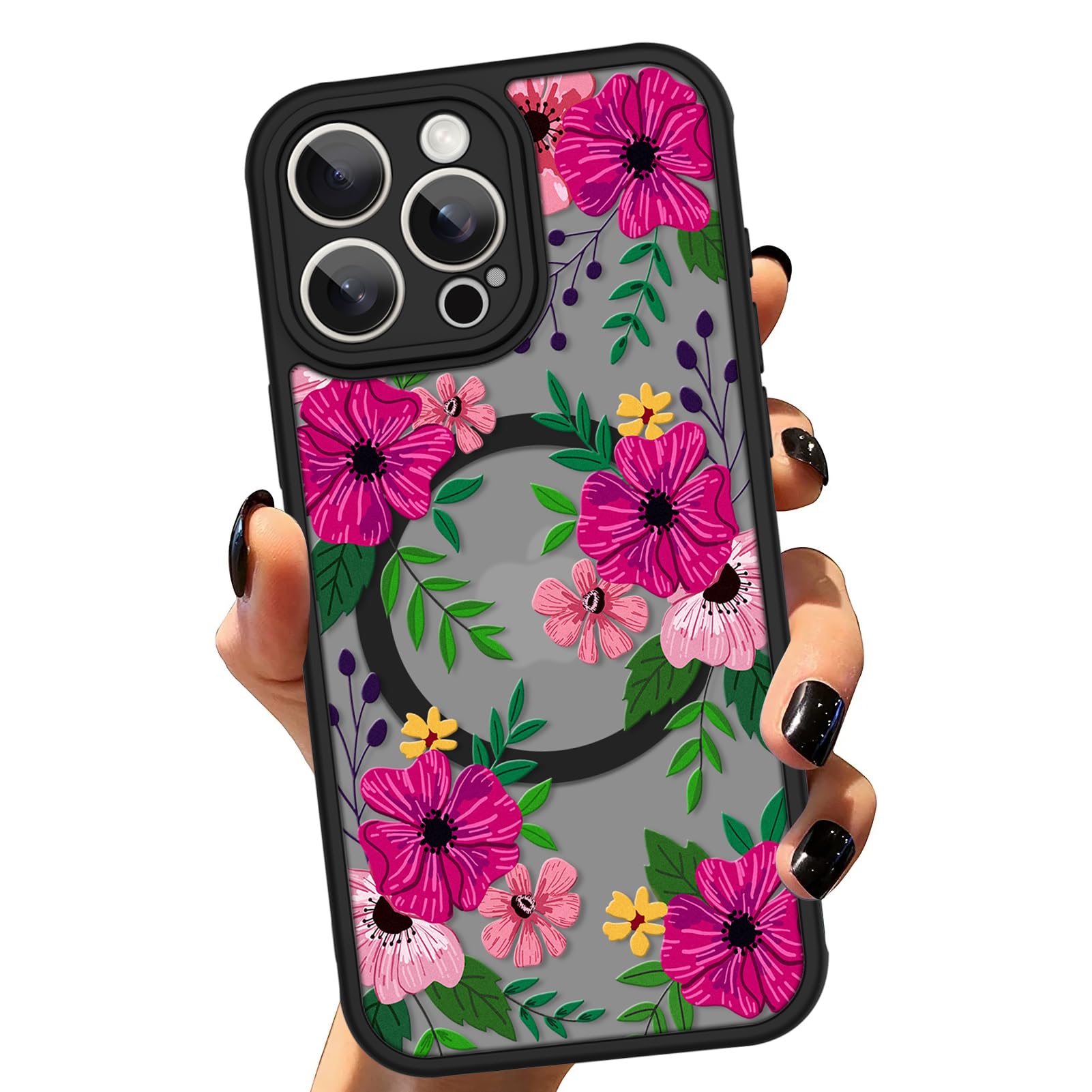 ZIYE for iPhone 15 Pro, Magnetic Matte Phone Case [Compatible with MagSafe] [Cute Flower Floral Pattern Design] Bumper Hard Back Shockproof Cover for Women Girls, Black