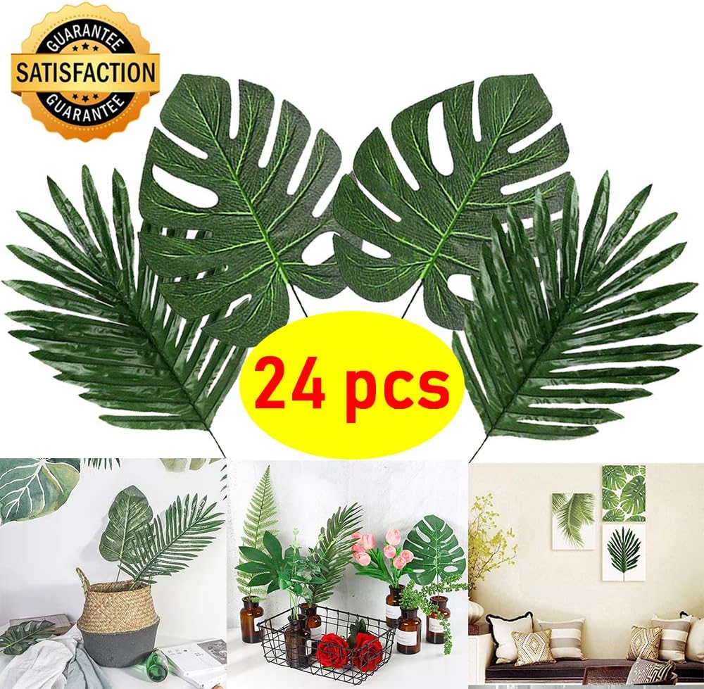 Palm Leaves with Stem Tropical Leaves Party Decorations for Kitchen Table Leaf Greenery Theme Party Supplies-24pcs by Coodoo