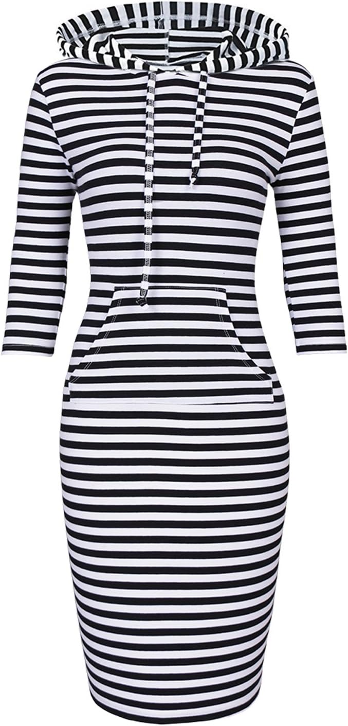 Women Hooded Dress 3/4 Sleeve Sweatshirt Pullover Stripe Keen Length Kangaroo Pocket Dress