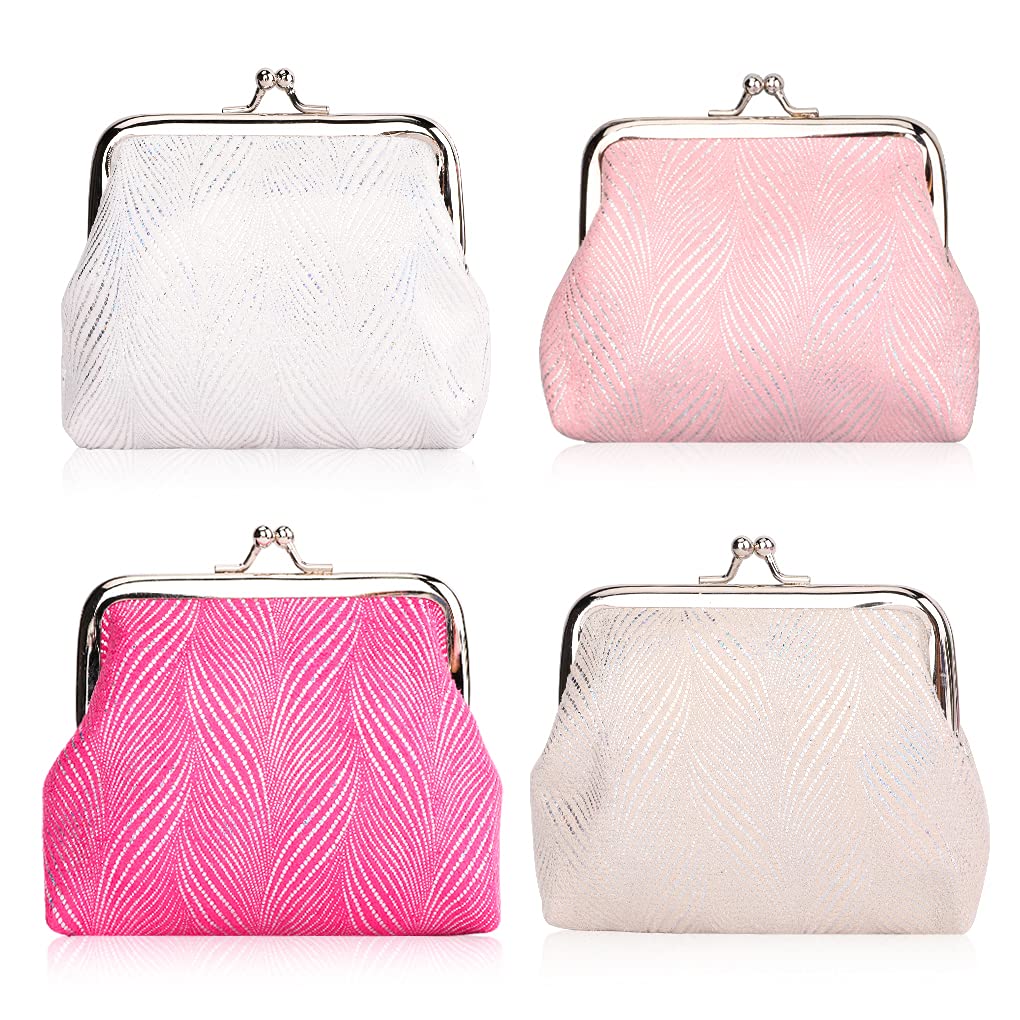 Oyachic 4 Packs Mini Coin Purse Willow Wallet Kiss Lock Clasp Change Pouch Sequins Vintage Buckle Clutch Cash Holder Money Bag for Girls Women