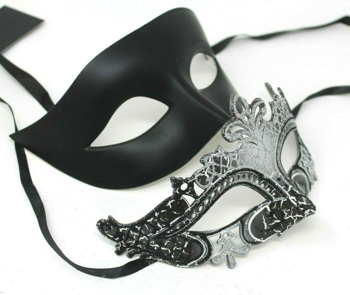 HIS N HERS PAIR OF CO-ORDINATED SILVER & BLACK COUPLES VENETIAN MASQUERADE CARNIVAL PARTY BALL EYE MASKS, Silver Black, 8cm deep - Image 3