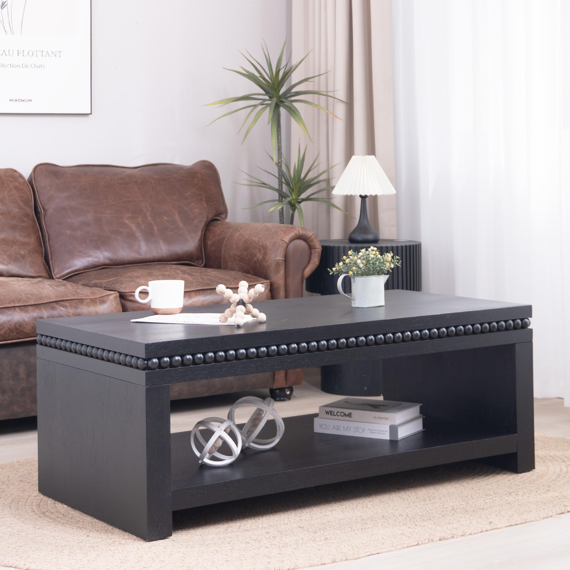 Photo 1 of KEIKI 47" Coffee Table with Beaded Trim – Modern Wood Coffee Table with Open Storage Shelf for Living Room or Office, Black