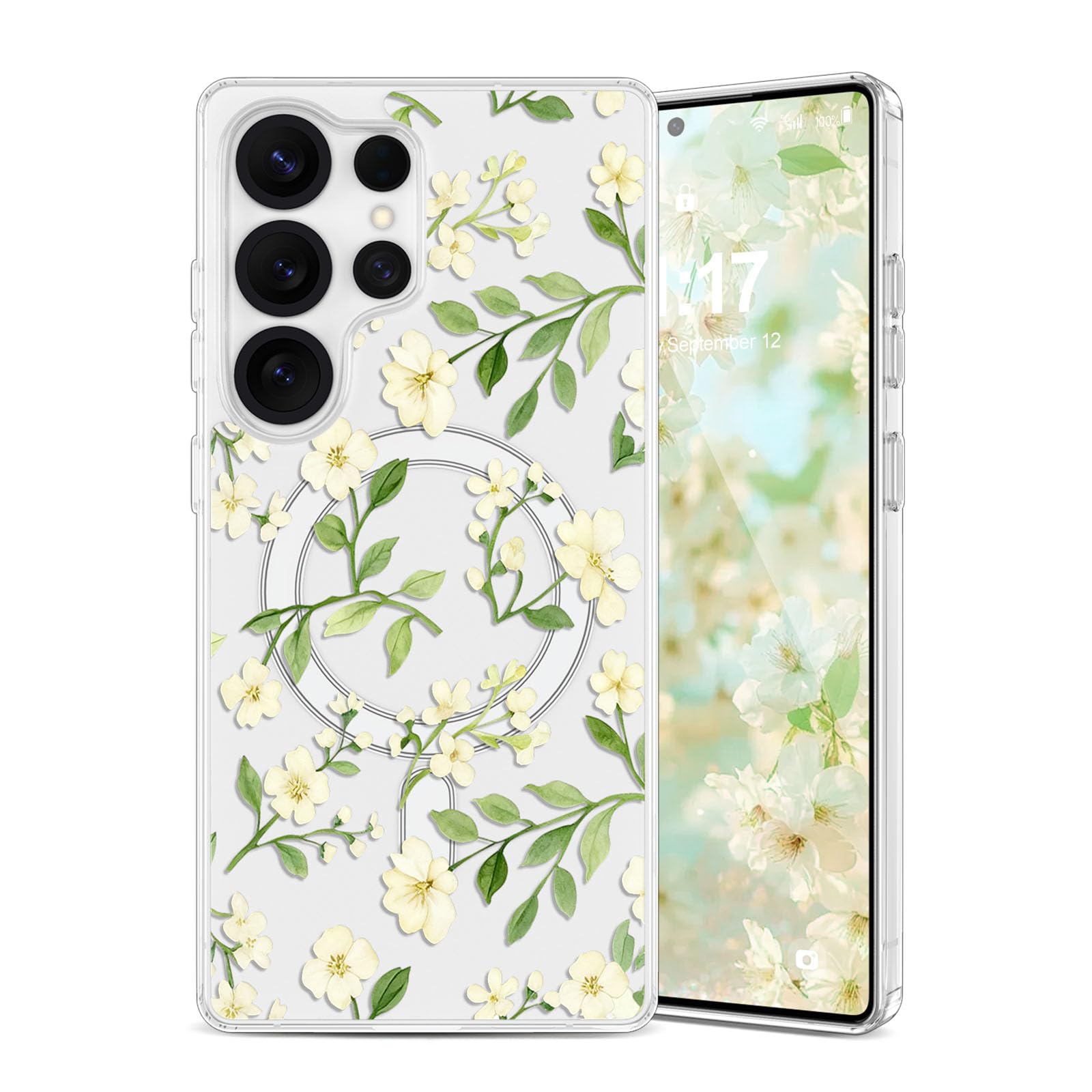 EYZUTAK Magnetic for Samsung Galaxy S23 Ultra Case Flower Case Compatible with MagSafe, Pretty Floral Stylish Aesthetic Phone Cover Clear Anti-Yellowing Protective Cover for Girl Women - Beige