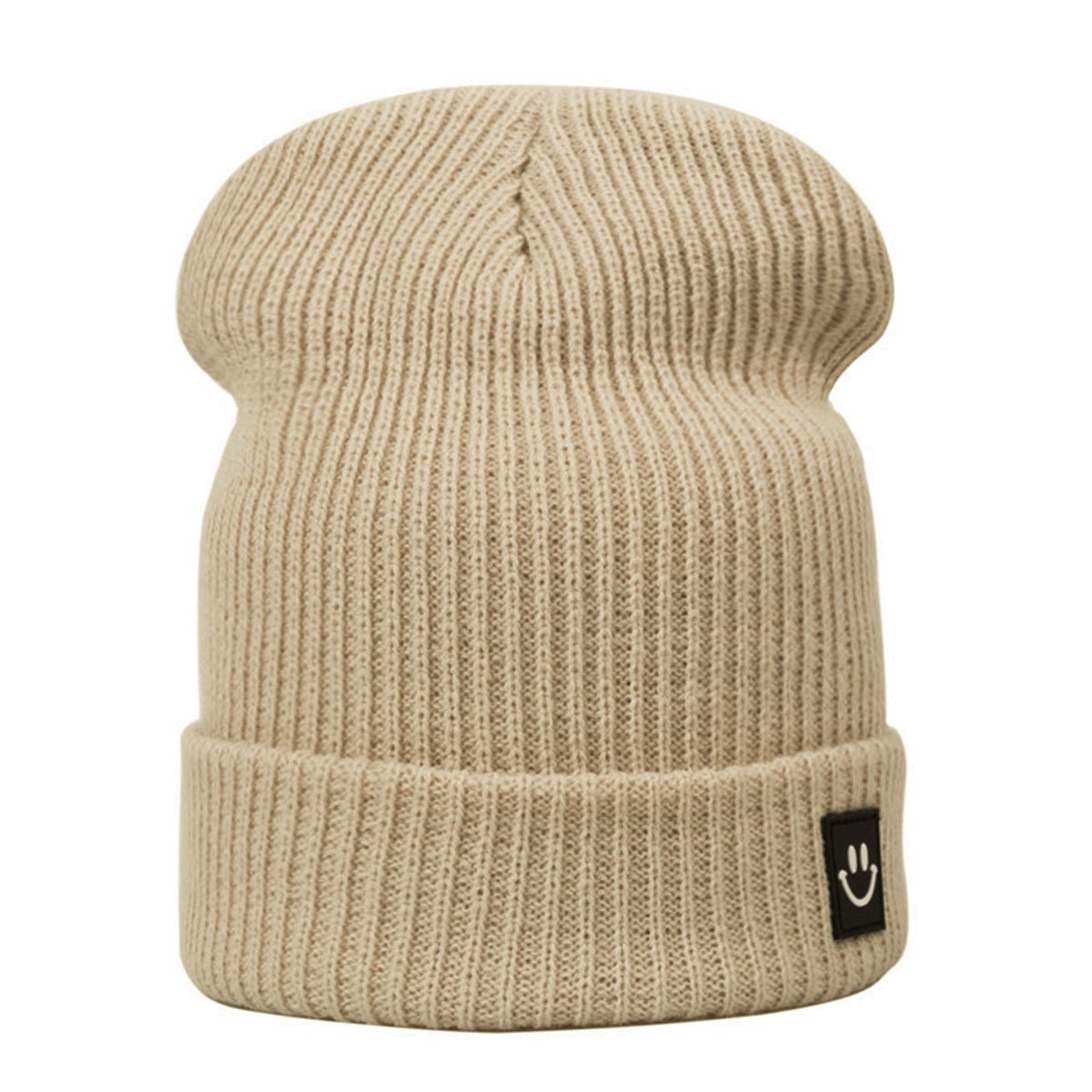 EVRFELAN Women Winter Hat Cuffed Plain Knit Beanie Cap Casual Knitted Warm Skullcap with Smile Face (Beige)