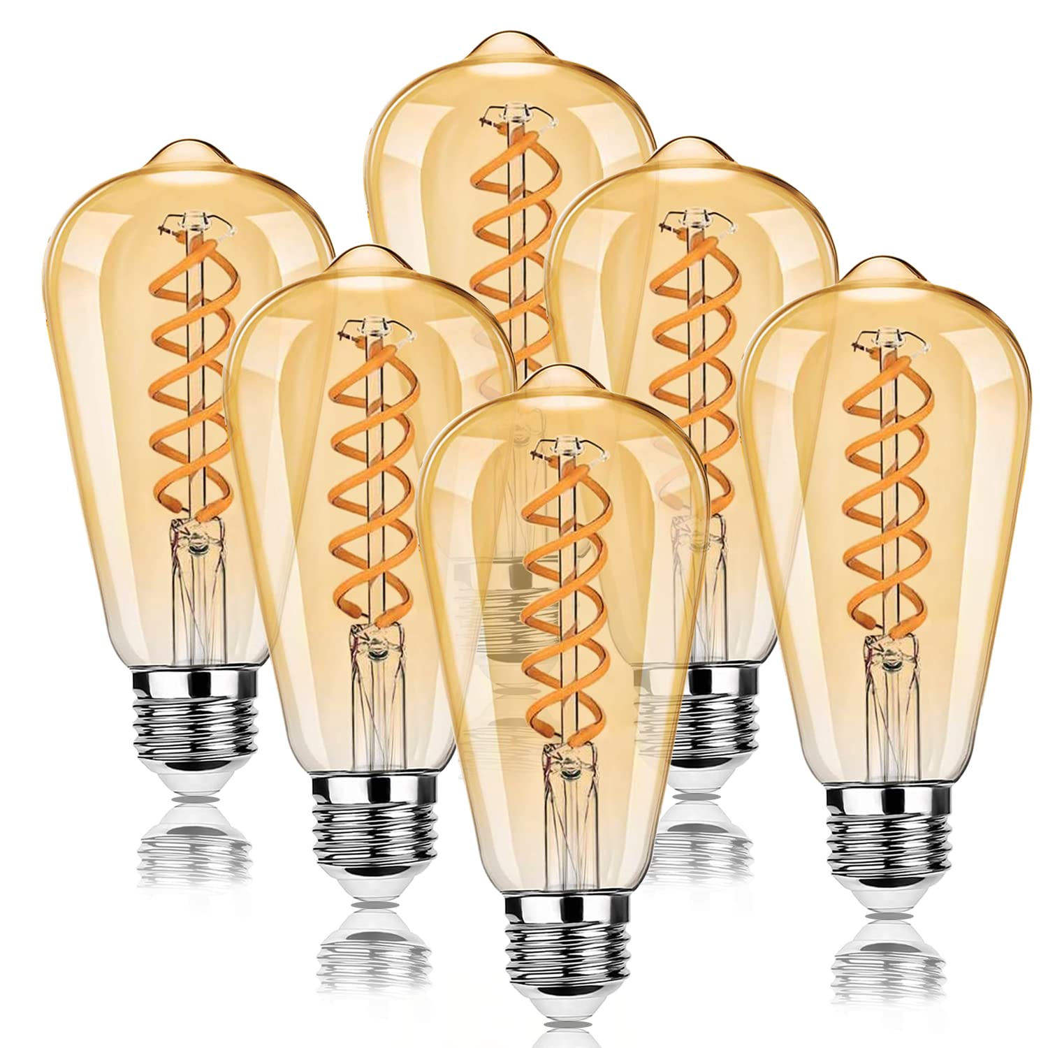 BESLAM E27 Vintage LED Light Bulbs, 6W (60W Equivalent) 450LM Warm White 2500K, Antique Edison Style ST64 Spiral Fialment Light Amber Glass Bulb, Screw Lamp Non-Dimmable 6 Pack…