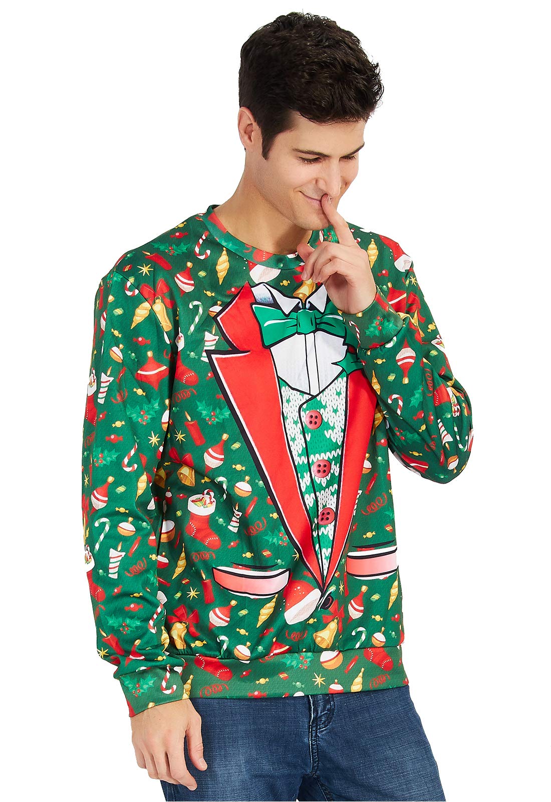 TUONROAD Ugly Birthday Christmas Sweatshirt Hilarious Fake Red White Suit Cardigan Green Bow Tie Small Gold Bells Balls Funny Xmas Holiday Party Santa Women Men Long Sleeve Pullover Sweater