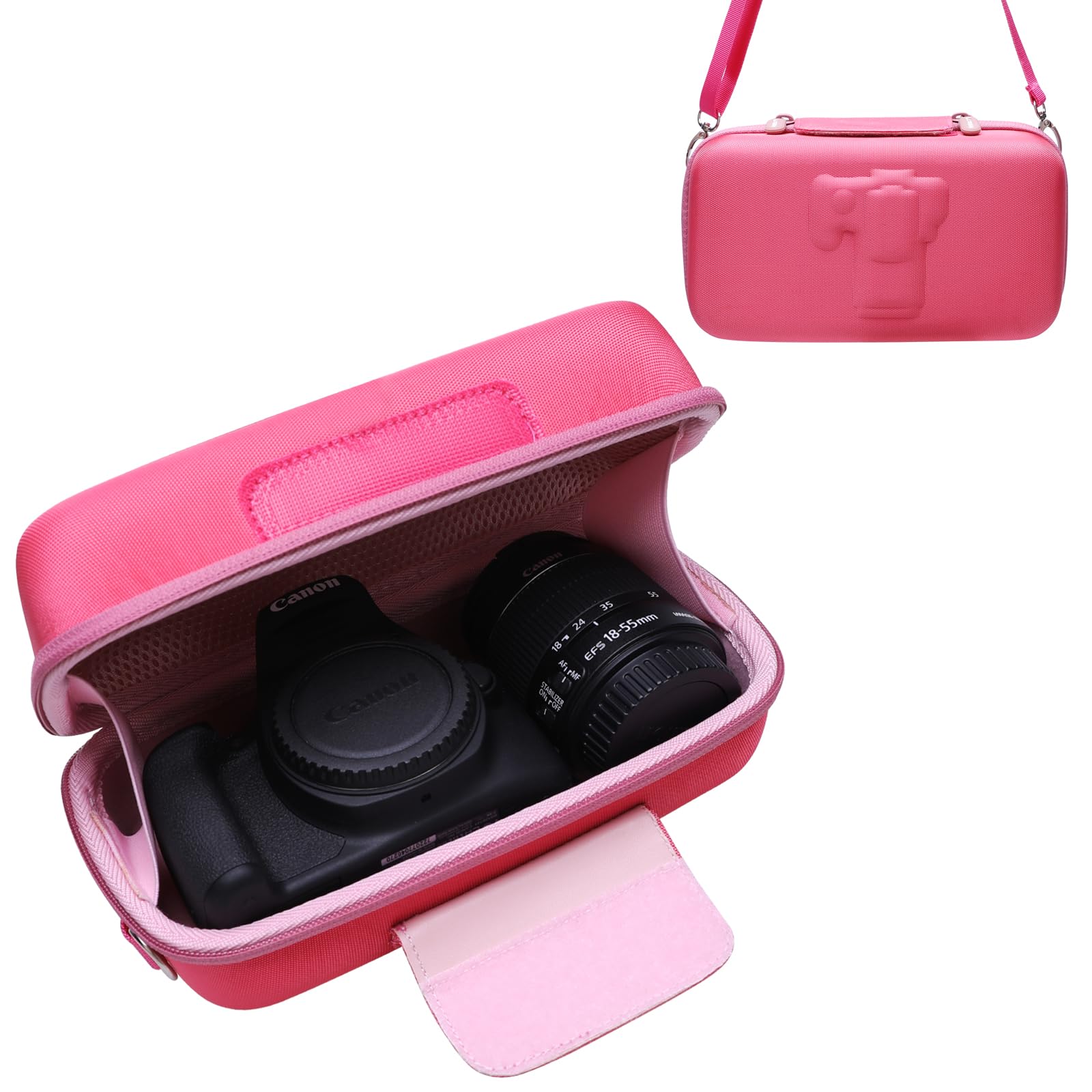 Photo 1 of LTGEM Camera Case for Canon EOS Rebel T7 / R50 / R100 / R50 V / T6 / R8 / R10 / RP / SL3 / R5 / T100 DSLR SLR Camera and 18-55mm/18-45mm Lens with Shoulder Strap, Magenta+Pink