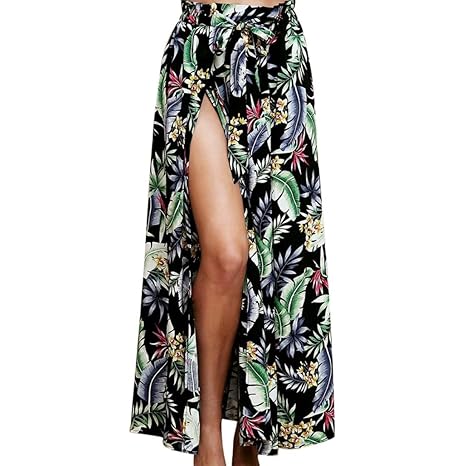 Sommer Elegant Blumen Chiffon High Waist Bohemia Maxi Beach Skirt Röcke mit Schlitz,Elegant Flowy Seiten Schlitz Split Lange 