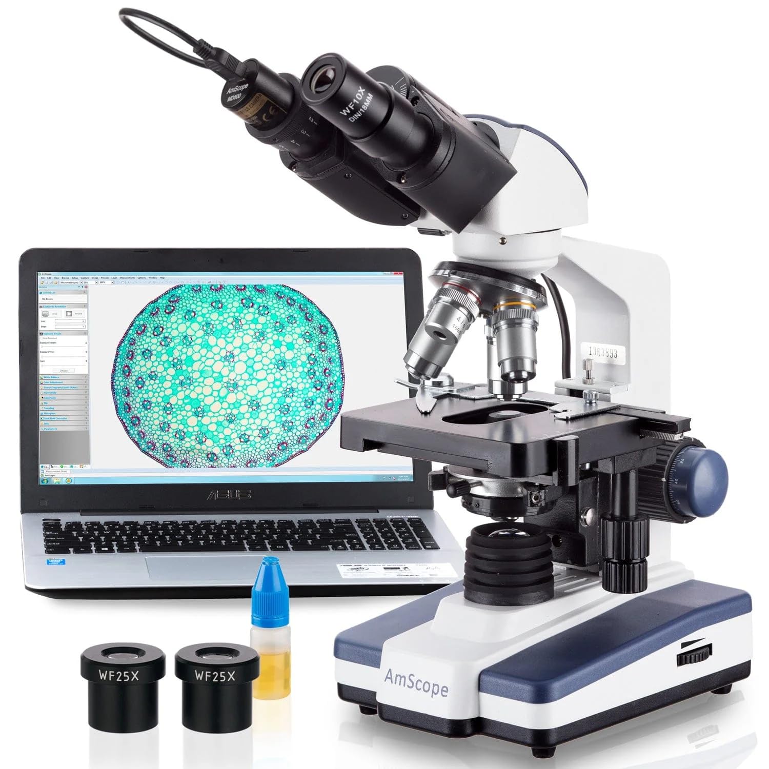 AmScope B120 Series Student & Professional LED Binocular Compound Microscope 40X-2500X Magnification with 3MP Digital Camera and 3D Stage