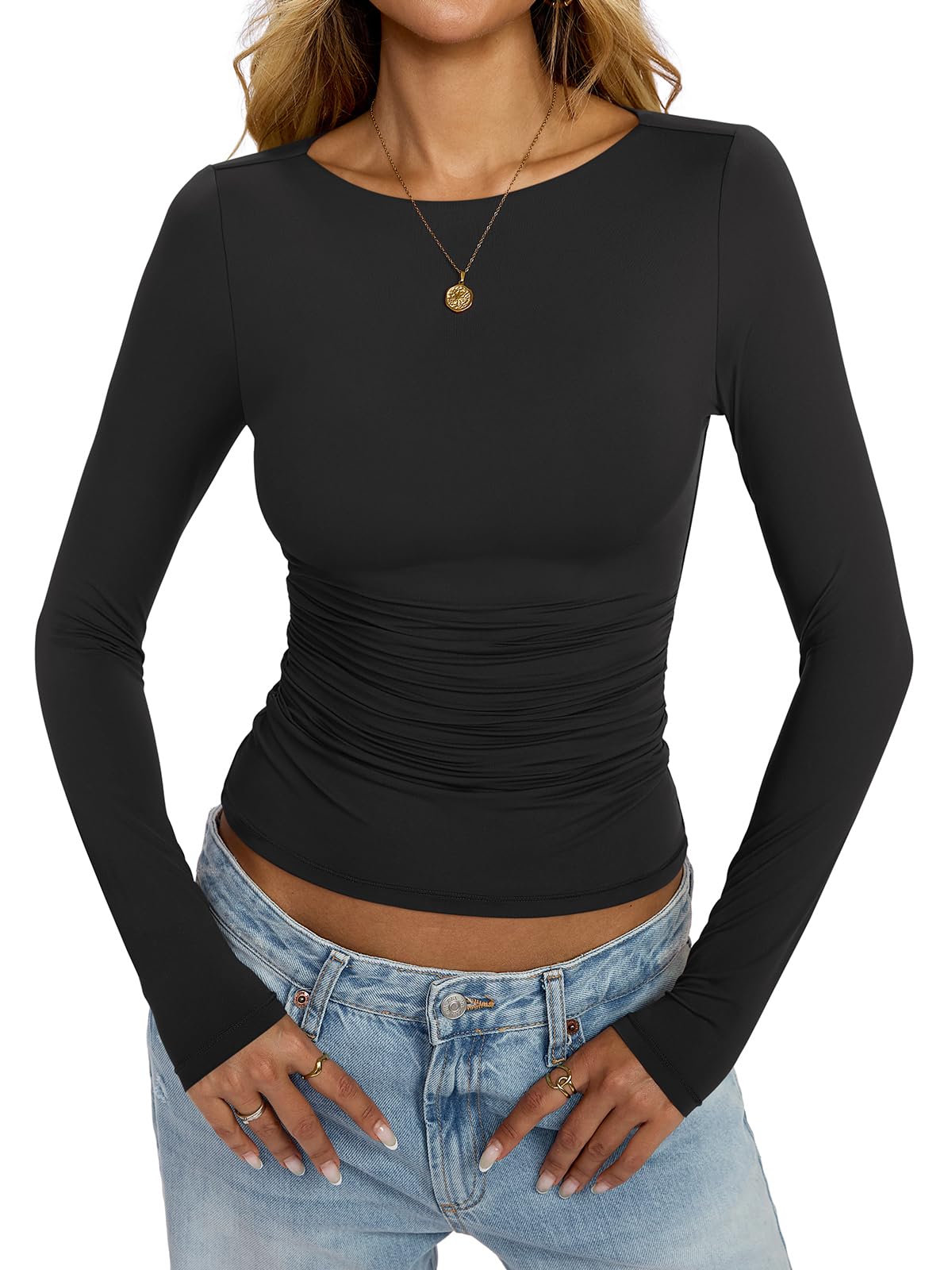 Photo 1 of EasyGala Womens Boat Neck Long Sleeve Shirts Ruched Double Lined Top Fitted Basic Tight Tee Spring Fall Clothes 2025 Black