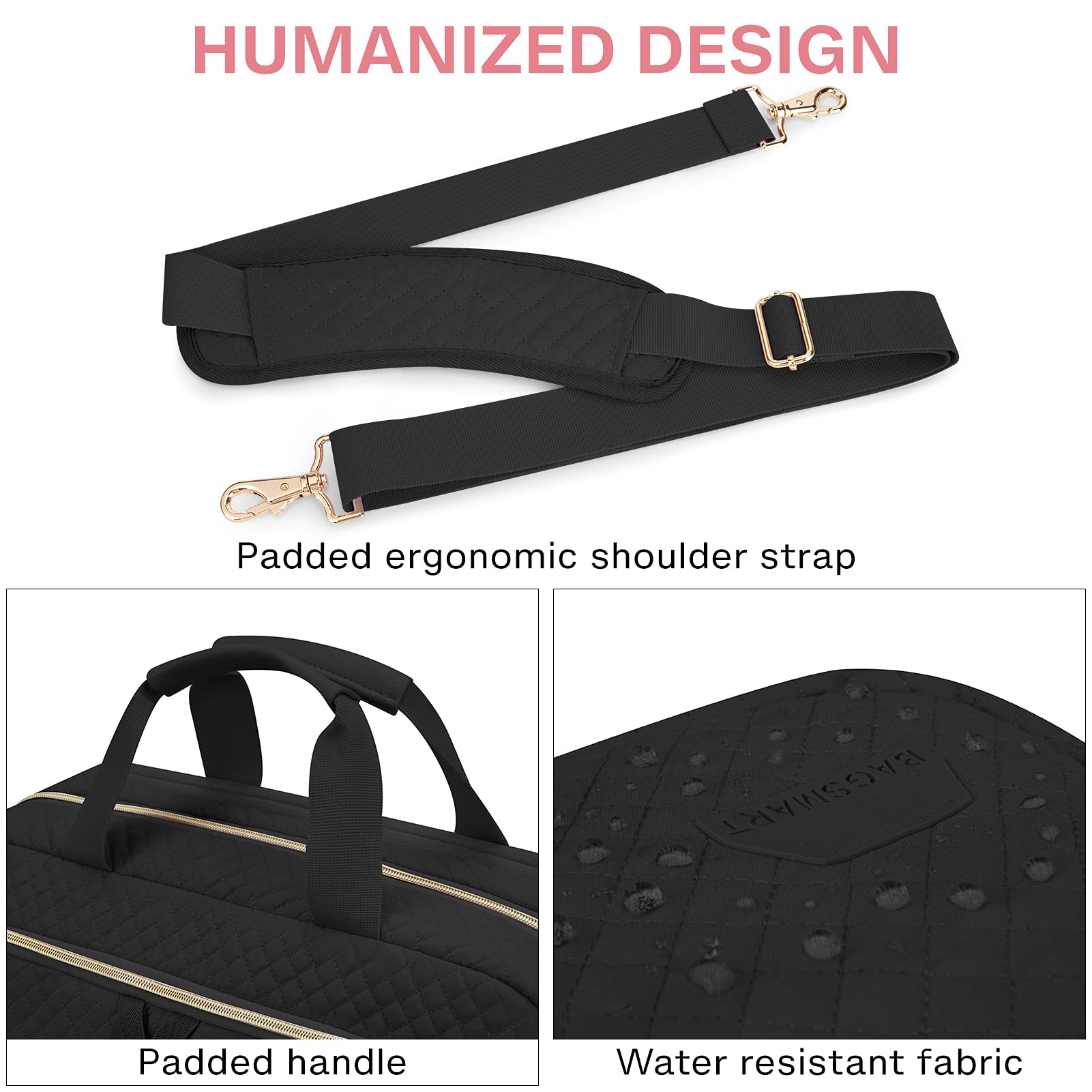 BAGSMART 17.3 Inch Laptop Bag Expandable Briefcase for Women Large Computer Bag for Business Office Travel, Quilted Black