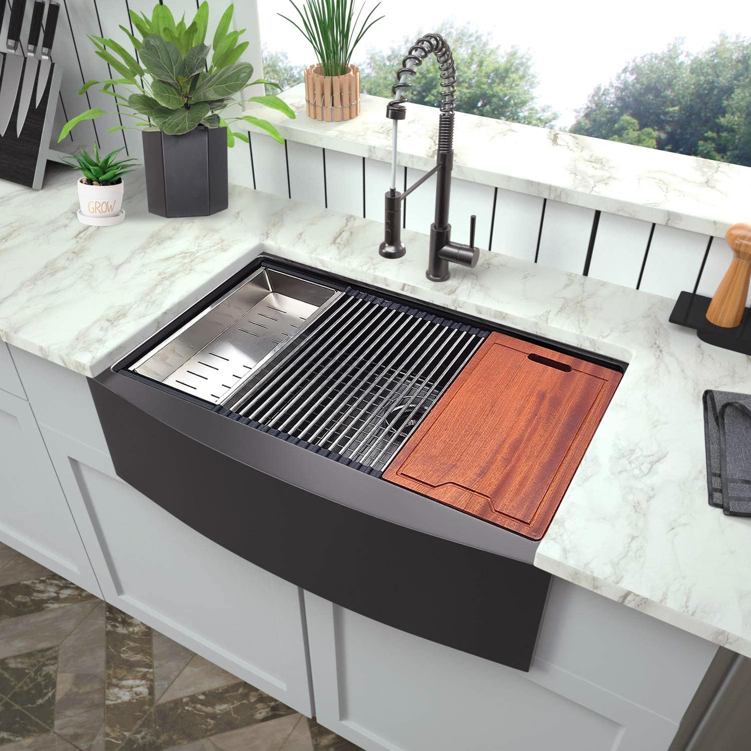 Photo 1 of ARAUSK Farmhouse Sink, 33 x 22 Inch Undermount Kitchen Sink 16 Gauge Black Stainless Steel Kitchen Sinks Apron Front Single Bowl 10 Inch Deep Workstation Sink with Cutting Board