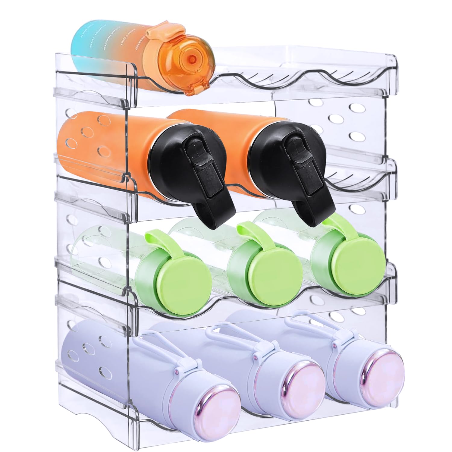 LOSYHU 4-Tier Water Bottle Organiser for Cupboard, Stackable Bottle Storage Rack, Plastic Water Bottles Holder Bottle Rack for Fridge Cabinet Pantry Office, 12 Bottles