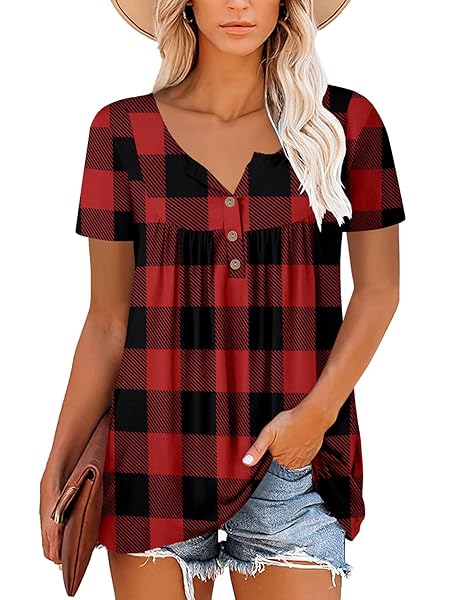 MYSTRY ZONE WOMEN TARTAN PLAID SHIRT SHORT-SLEEVED CASUAL LOOSE FIT TOPS WITH PLEATED CHEST RED M